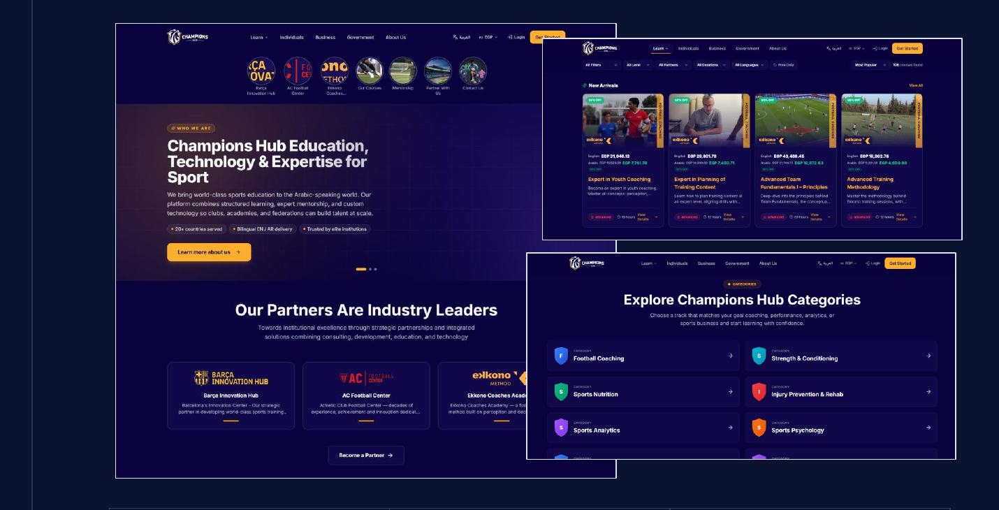 Champions Hub platform: homepage, course catalog, and category browser