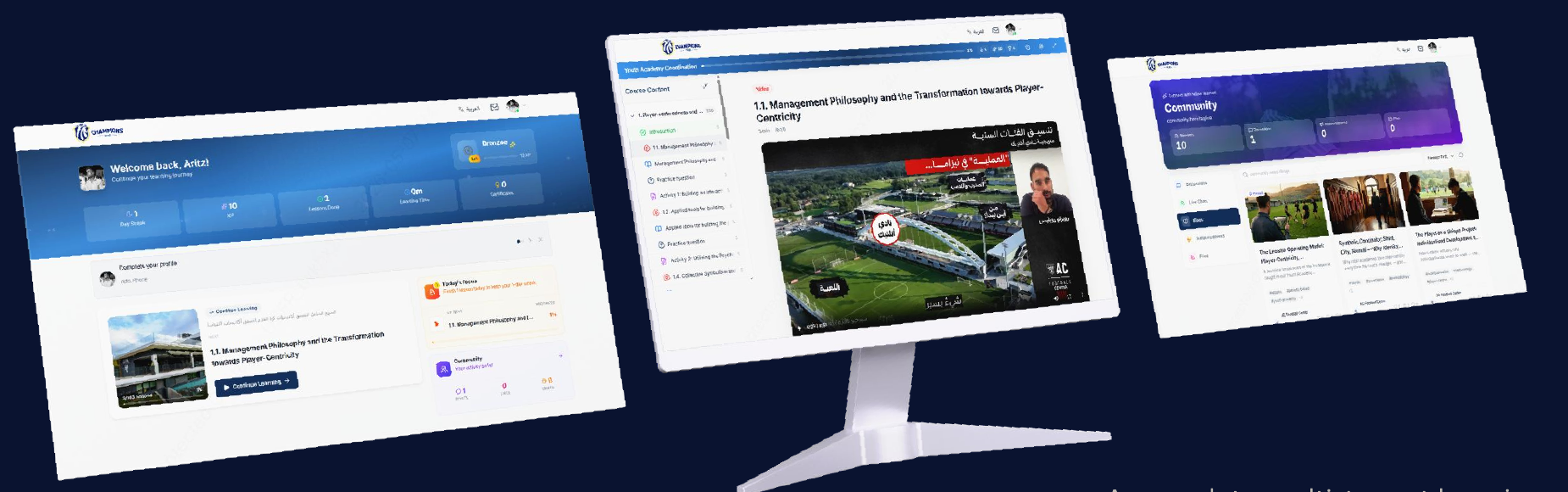 Champions LMS platform: 3 product screens on desktop and laptop devices