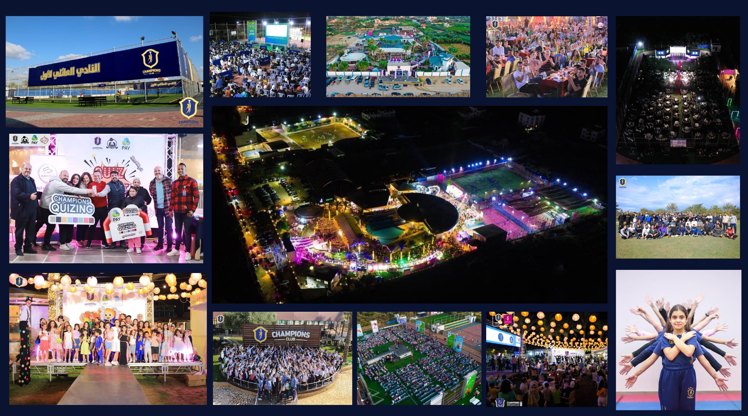 Mosaic of Champions Group events: stadium and venue shots, community gatherings, dance and performance events, awards ceremonies, group photos, and aerial views of the family campus